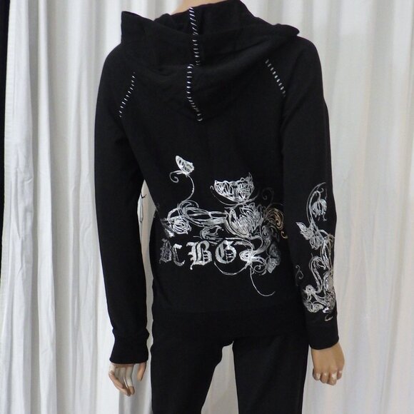 NWT BCBG sz SM MED LG XL 95% cotton BLACK SILVER BUTTERFLY & VINE 2PC TRACKSUIT - Picture 2 of 16